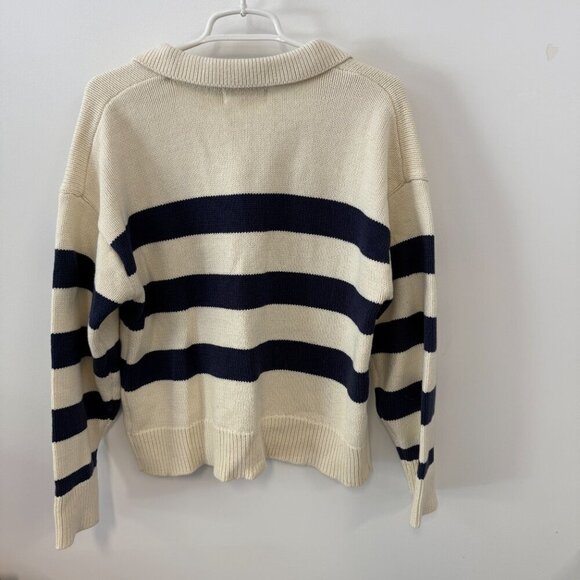 By Together Cream & Navy Blue Striped Collared Knit Long Sleeve V-Neck Sweater - Picture 2 of 4